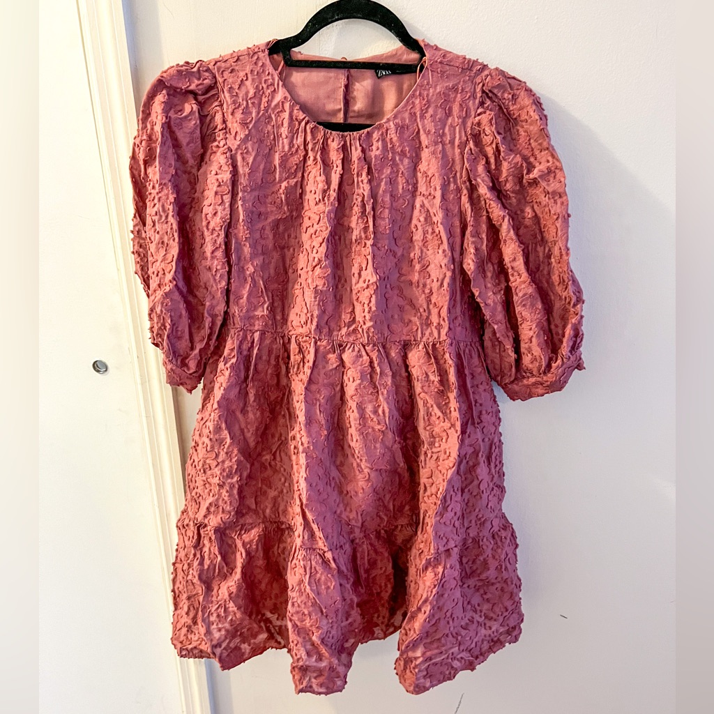 Zara Short Sleeve Puff Shoulder Dress, Rose Pink, Size Xs